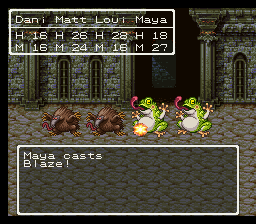 Screenshot of the spell Mera being cast in Dragon Quest III for Super Famicom; shown as Blaze due to the application of a translation patch.