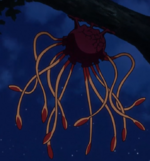 A picture of the back of a Heyedra. It hangs from a tree and is visible against the dark blue night sky